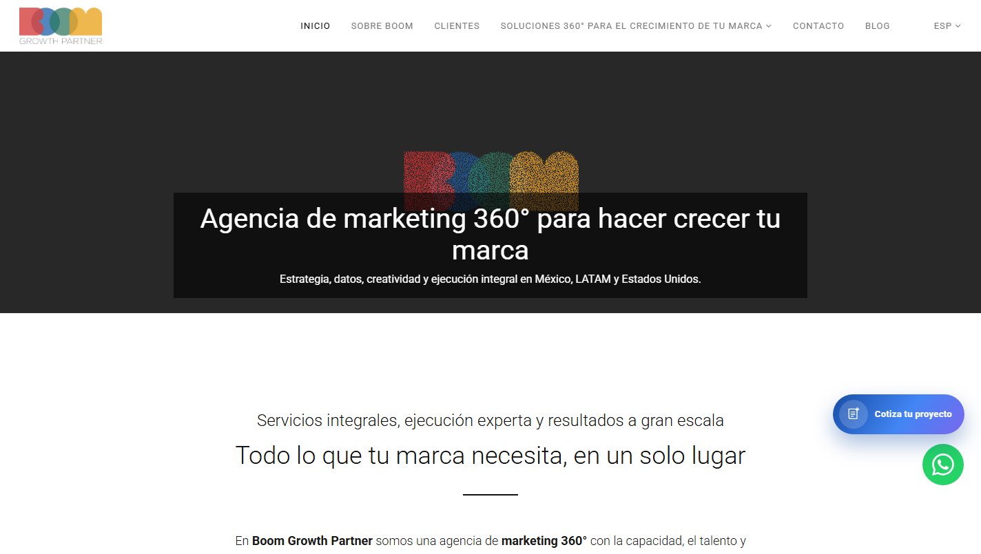 Página principal de Boom Growth Partner sobre servicios de marketing 360 grados