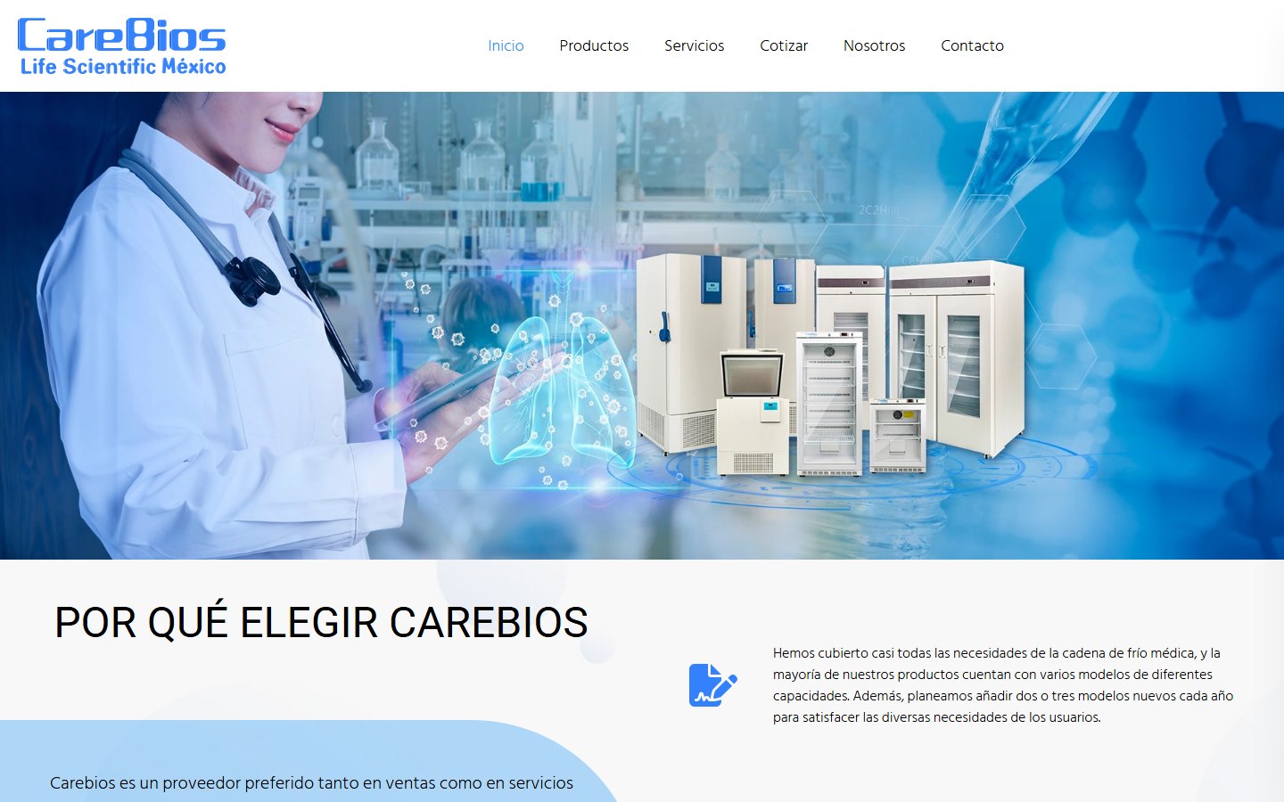 Página principal de CareBios con equipos para laboratorio y cadena fría