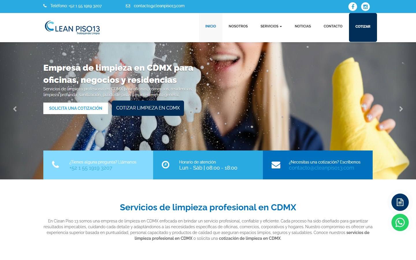 Página de servicios de Clean Piso 13 para limpieza profesional en CDMX