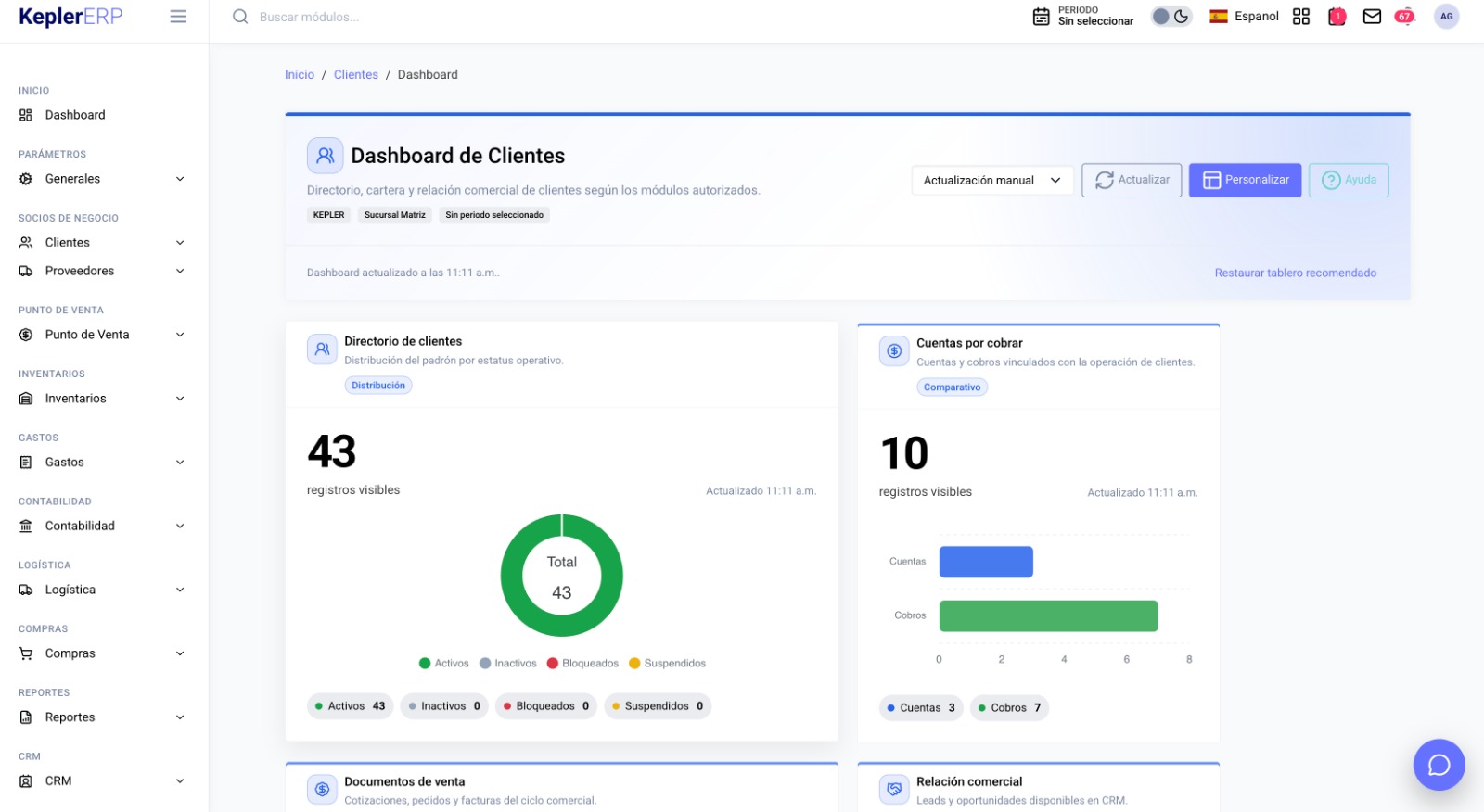 Dashboard de clientes del sistema privado Kepler ERP