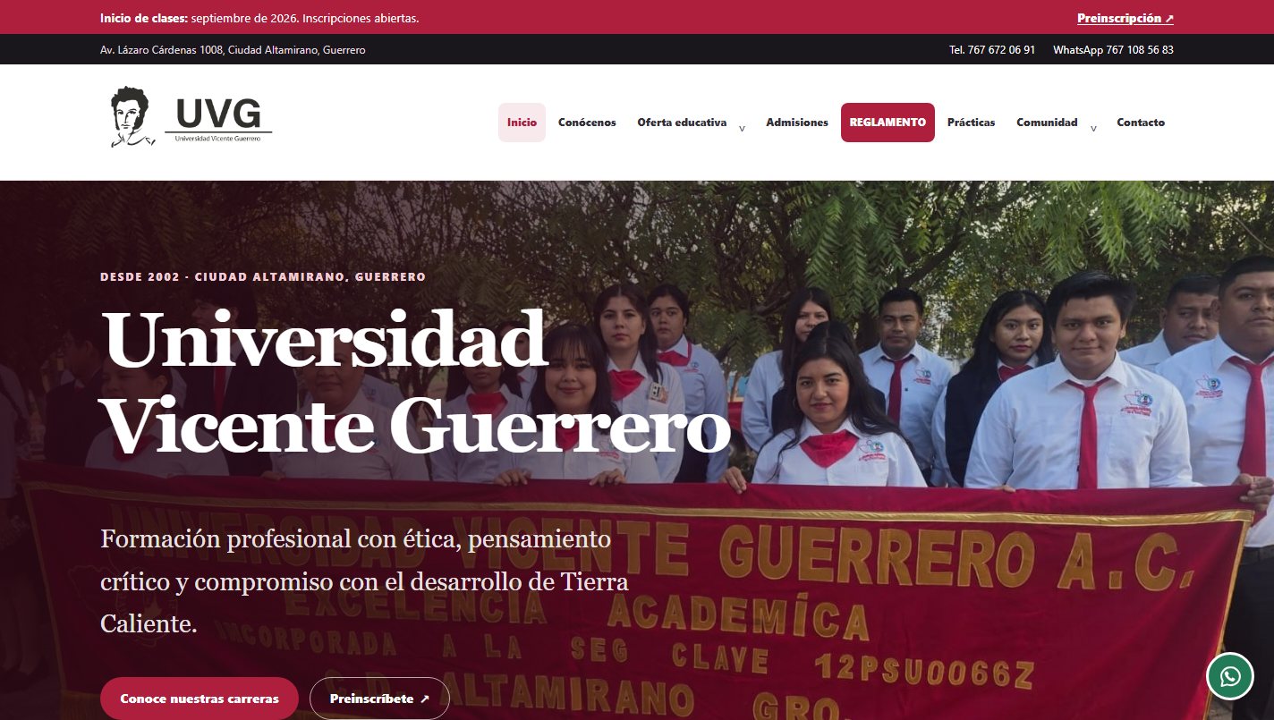 Página principal de la Universidad Vicente Guerrero con su comunidad estudiantil